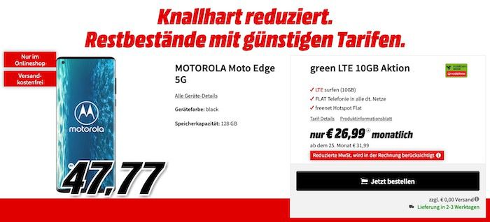 Motorola Moto Edge 5G 128GB  für 47,77€ + Vodafone AllNet Flat 10GB LTE für 26,99€ mtl.