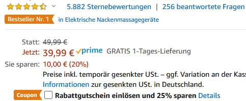 Naipo elektrisches Nackenmassagegerät mit Wärmefunktion & 3D Rotation für 26,79€ (statt 50€)