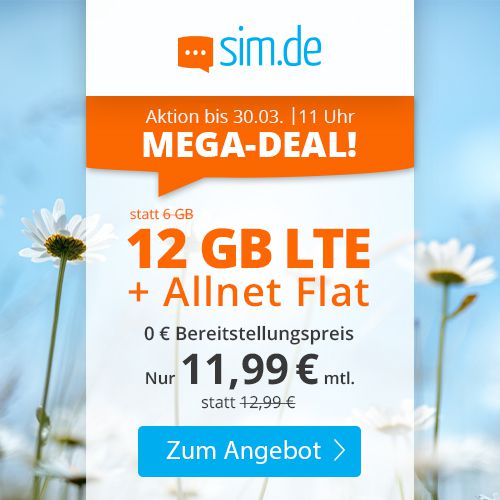 Sim.de: o2 Flat mit 12GB LTE für 11,99€ mtl. + keine Laufzeit möglich