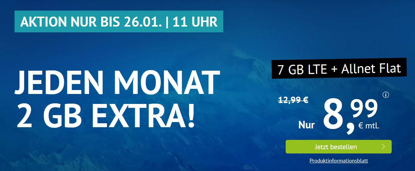 o2 AllNet & SMS Flat + 7GB LTE (max 50MBit/s) für 8,99€ mtl. (optional mtl. Kündbar)