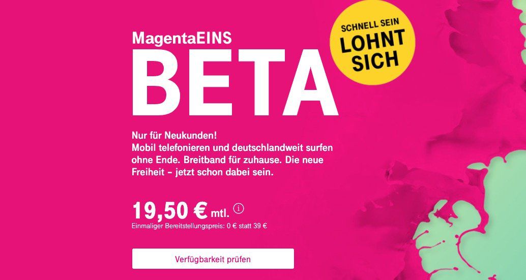 Telekom Neukunden: Telekom MagentaEINS Beta für 19,50€ mtl.   Unlimited (!) Internet zuhause + Mobilfunk