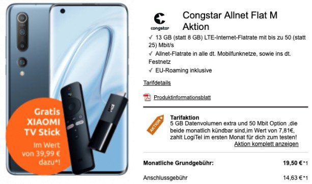 Xiaomi Mi 10 5G + Mi TV Stick für 95€ mit Telekom Allnet Flat inkl. 8GB LTE für 19,50€ mtl.