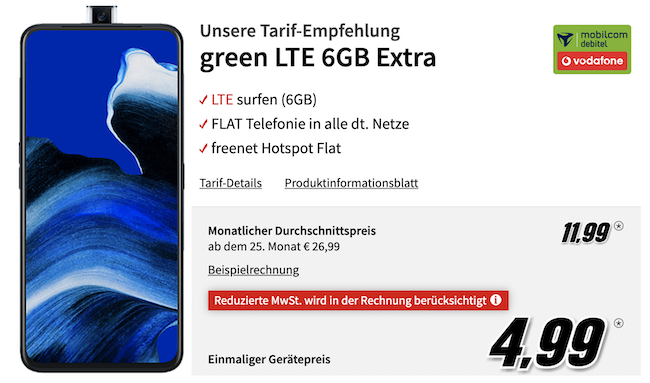 OPPO Reno2 Z 128GB für 4,99€ + Vodafone Flat mit 6GB LTE für 11,99€ mtl.