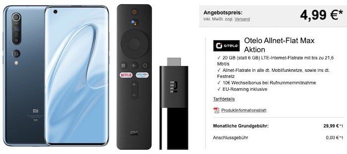 Xiaomi Mi 10 128GB 5G + TV Stick für 4,99€ + Vodafone Flat von otelo mit 20GB LTE für 29,99€ mtl.