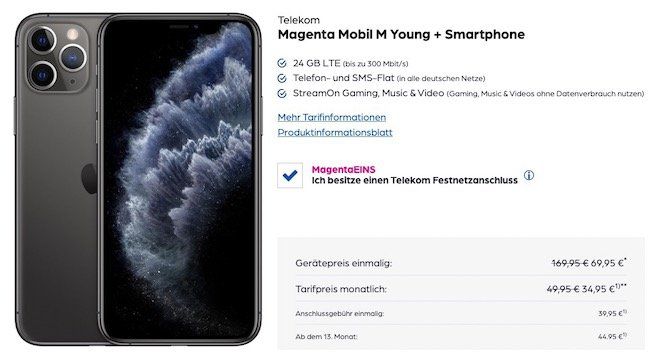 Young + MagentaEins: iPhone 11 Pro 64GB für 69,95€ + 100€ Cashback + Telekom Flat mit 24GB LTE für 39,95€ mtl.