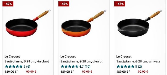 Le Creuset Sautè Pfannen 28cm aus Gusseisen in drei Farben für 99,99€ (statt 139€)