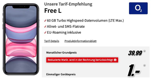 Apple iPhone 11 für 1€ + o2 Allnet Flat inkl. 60GB LTEMax für 39,99€ mtl. + 1 Jahr Apple TV gratis