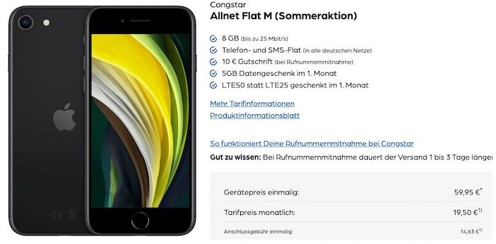 Apple iPhone SE (2020) 64GB für 59,95€ mit Telekom Flat von Congstar mit 8GB LTE für 19,50€ mtl.