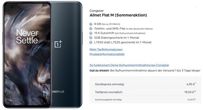 Ausverkauft! OnePlus Nord mit 128GB für 4,95€ + Telekom Flat von Congstar mit 8GB LTE für 19,50€ mtl.