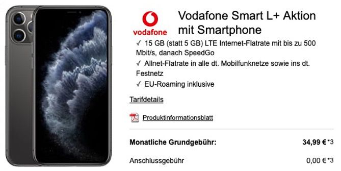 iPhone 11 Pro 64GB für 199,95€ + Vodafone Flat mit 15GB LTE für 34,99€ mtl.