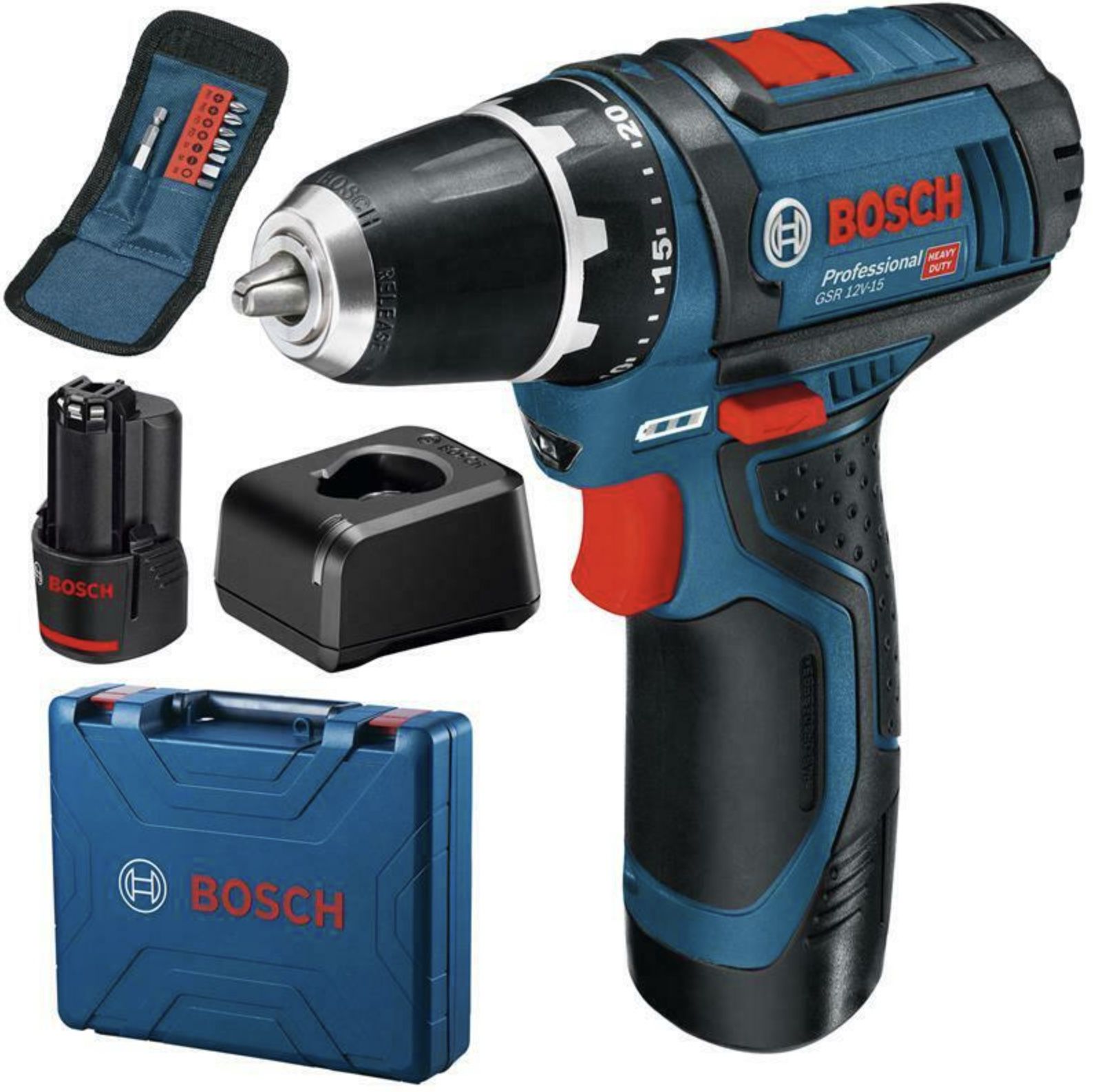 Bosch GSR 12 V 15 Akku Bohrschrauber mit 2x 2Ah Akku + Koffer + Bitsatz für 93,41€ (statt 105€)