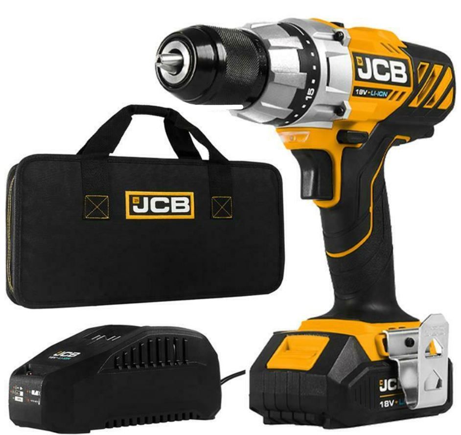 JCB Akku Bohrschrauber 18V + 1,5 Ah Li Ion Akku Ladegerät und Tasche für 62,91€ (statt 79€)