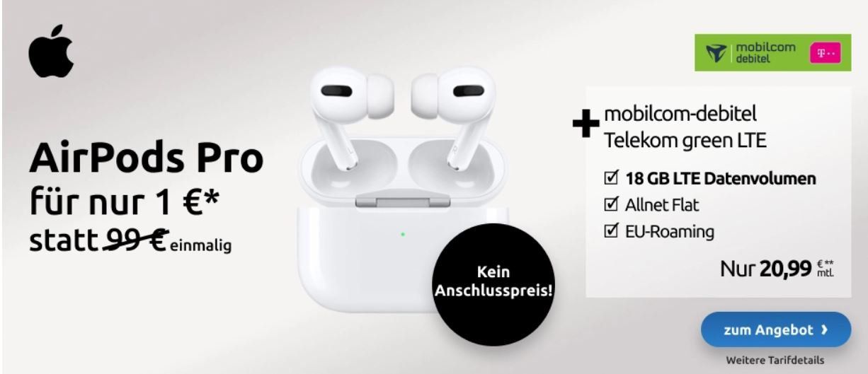 Apple AirPods Pro + Telekom AllNet & SMS Flat + 18GB LTE (21Mbit) für 20,99€ mtl.