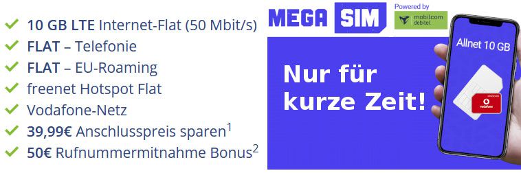 TOP! Vodafone Allnet Flat + 10GB LTE50 für 11,99€ mtl. + 50€ Bonus bei Rufnummernmitnahme