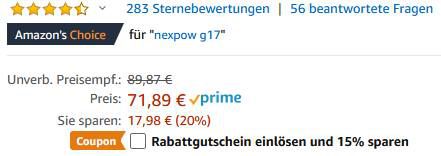 NEXPOW G17   12V Starthilfe 1500A für 50,33€ (statt 71€)