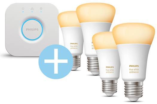 Philips Hue Starterkit 4 x E27 LED White Ambiance + Bridge (2.0) für 93,95€ (statt 115€)