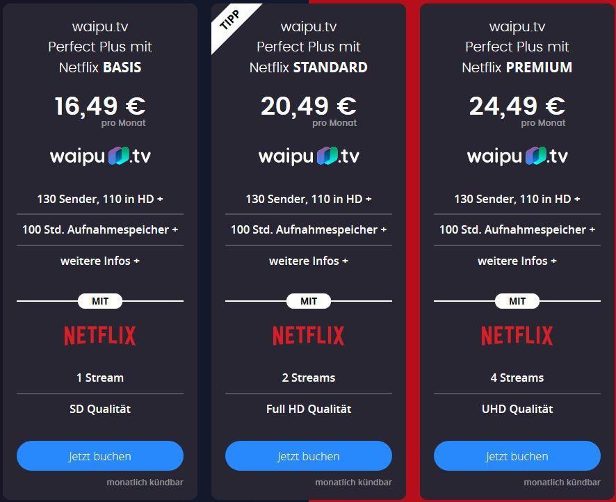 waipu.tv Perfect Plus inkl. 110 HD Sender + Netflix Premium (4 Streams, UHD) für 24,49€ mtl.
