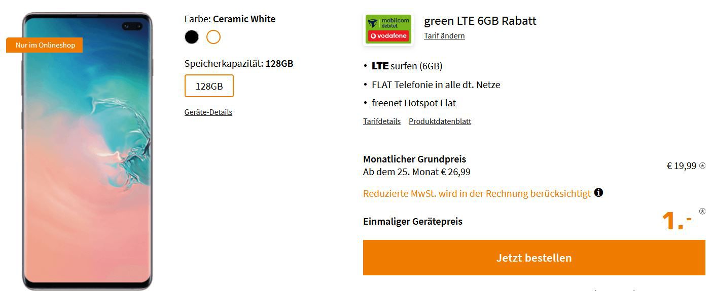 Pricedrop: Samsung Galaxy S10 Plus für 1€ mit Vodafone Allnet Flat mit 6GB LTE für. 19,99€ mtl.