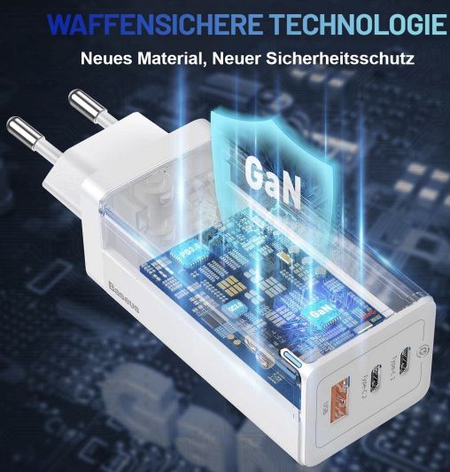 Baseus 65W Ladegerät mit GaN Tech & 3 Ports C1+C2+A  für 24,94€ (statt 42€)