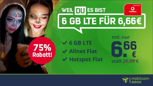 *bis 12 Uhr* Halloween Deal: Vodafone Allnet + 6GB LTE (50 Mbit/s) für nur 6,66€ mtl. + keine AG