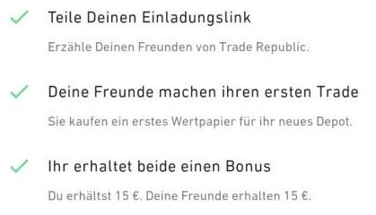 Trade Republic: Freunde werben mit 2x 15€ KwK Bonus + nur noch 10€ Mindest Sparplaneinlage
