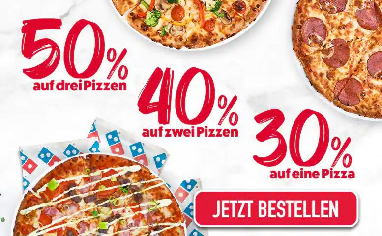 Vorbei! Dominos: 3 Pizzen mit 50% Rabatt   oder 2 mit 40% bzw. 1 mit 30%