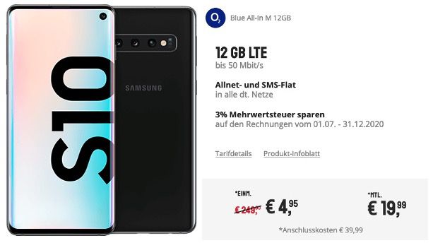 Vorbei! Samsung Galaxy S10 für 4,95€ + o2 Allnet Flatrate inkl. 12GB LTE für 19,99€ mtl.