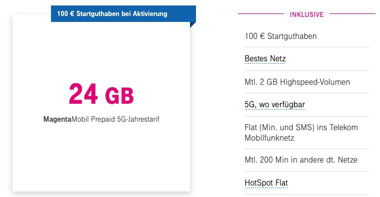 Telekom MagentaMobil Prepaid 5G Jahrestarif für 97,43€ inkl. 100€ Startguthaben   24GB + WLAN HotSpot/Call + EU/Schweiz Roaming