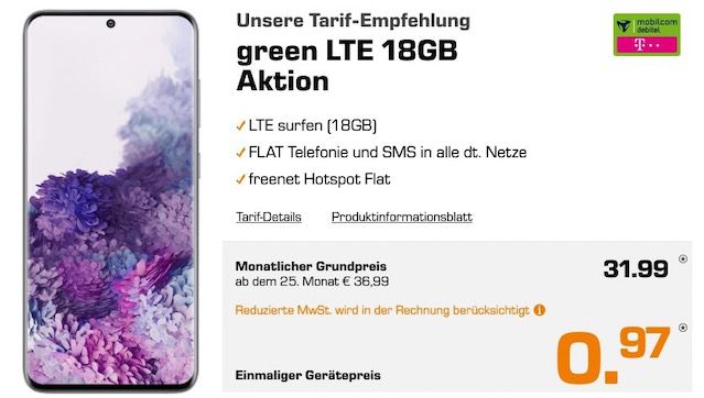 Samsung Galaxy S20 128GB für 0,97€ + Telekom Allnet Flat mit 18GB LTE für 31,99€ mtl.