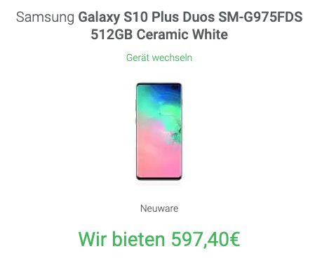 Vorbei! Samsung Galaxy S10+ (512GB) in Weiß für 545,86€ kaufen und für 597,40€ verkaufen