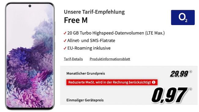 Samsung Galaxy S20 für 0,97€ + o2 Allnet Flatrate inkl. 20GB LTE für 29,99€ mtl.