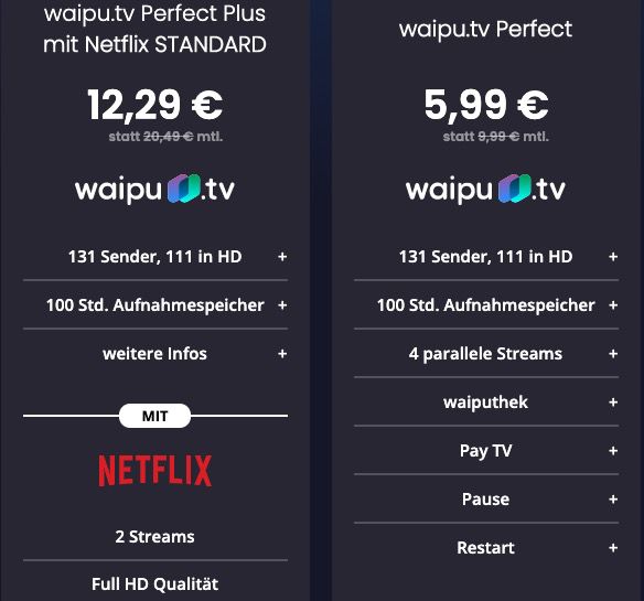 4 Monate waipu Perfect Plus mit Netflix Standard für 12,29€ mtl. (statt 20€) oder waipu Perfect für 5,99€ mtl. (statt 10€)