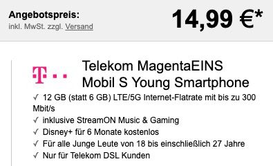 Junge Leute + Magenta: Samsung Galaxy S20 für 14,99€ + Telekom Flat 12GB LTE inkl. StreamOn + 6 Monate Disney+ für 29€ mtl.