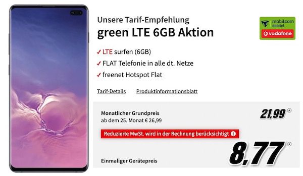 Samsung Galaxy S10+ für 8,77€ + Vodafone Flat mit 6GB LTE für 21,99€ mtl.