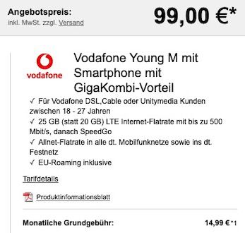 Abgelaufen! Knaller für junge Leute + GigaKombi: Samsung Galaxy S20 FE für 99€ + Vodafone Flat mit 25GB LTE für 19,99€ mtl.