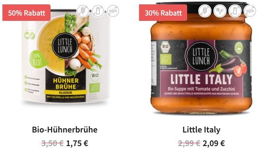 Little Lunch Season Start Sale bis  50%   z.B. Hühnerbrühe 1,75€ oder Little Italy Suppe 2,09€
