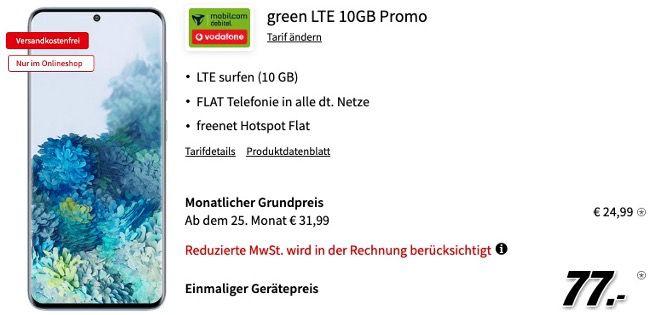 Samsung Galaxy S20 128GB für 77€ + Vodafone Allnet Flat mit 10GB LTE für 24,99€ mtl.