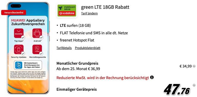 Huawei P40 Pro 256GB für 47,76€ mit Vodafone Allnet Flat mit 18GB LTE für 34,99€ mtl.