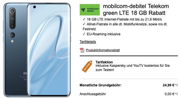 Xiaomi Mi 10 128GB für 79€ + Telekom Flat mit 18GB LTE für 24,99€ mtl.