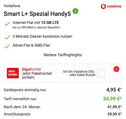 Samsung Galaxy S20 5G für 4,95€ + 6 Monate Spotify gratis + Vodafone Flat mit 15GB LTE für eff. 34,99€ mtl.