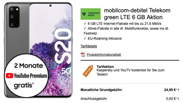 Samsung Galaxy S20 5G 128GB für 49€ + Telekom Allnet Flat mit 6GB LTE für 24,99€ mtl.