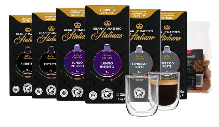 120 Grand Maestro Italiano Kapseln (Nespresso) + 2 gratis Gläser + 1 Packung Amaretti für 39,99€