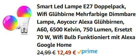 Aoycocr  Doppelpack WiFi App LED E27 Leuchtmittel für 12,49€ (statt 26€)