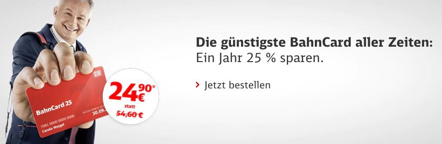 BahnCard 25 (2. Klasse) für 24,90€ und BahnCard 25 (1. Klasse) für 69,90€ (statt 55€ / 110€)