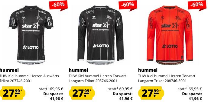 THW Kiel hummel Sale bei SportSpar   z.B. Torwart Langarm Trikot bis 6XL für 27,99€ (statt 68€)