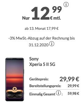 Vorbei! Sony Xperia 5 II + NC Kopfhörer für 431,74€ im Schubladenvertrag (statt aktuell 1.049€)