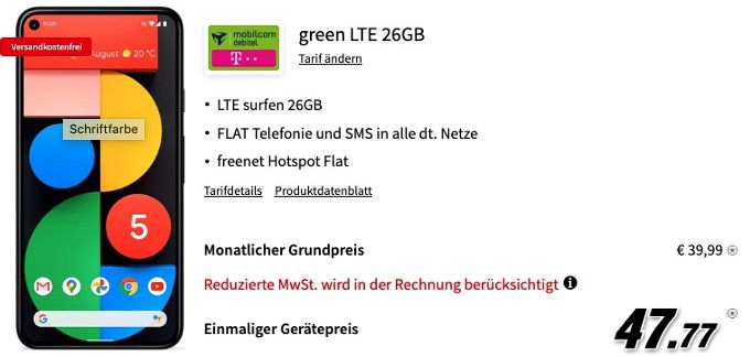 Google Pixel 5 128GB + Bose QC 35 II für 47,77€ mit Telekom Allnet Flat mit 26GB LTE für 39,99€ mtl.