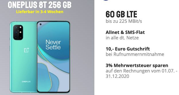 Das neue OnePlus 8T mit 256GB für 4,95€ + o2 Flat mit 60GB LTE (!) für 39,99€ mtl.