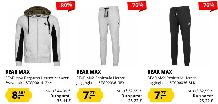 Bear Max Sale bei SportSpar   z.B. Hoodies ab 8,88€ und Jogginghosen ab 7,77€