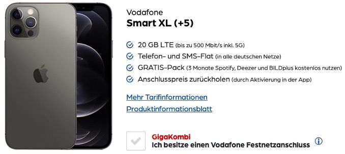 Apple iPhone 12 Pro Max 128GB für 519,95€ + Vodafone Flat mit 20GB LTE für 44,99€ mtl.